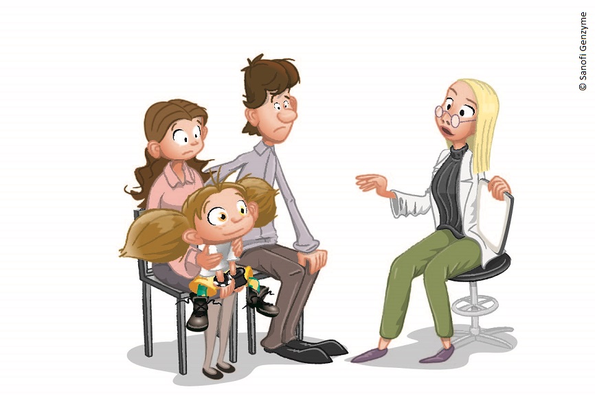 Die Illustration einer Familie, die einer Ärztin gegenübersitzt. Die Eltern schauen besorgt. Das Mädchen sitzt auf dem Schoß ihrer Mutter und hat sich interessiert nach vorne gebeugt. 